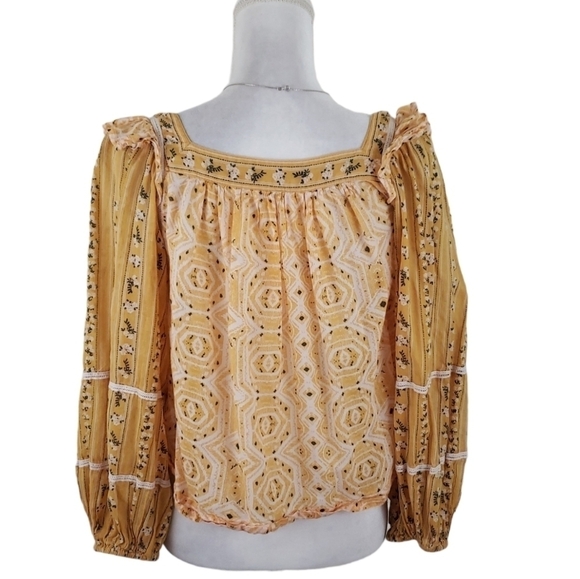 Free People~Woman S~Ochre Yellow Boho Tunic Smocked Henley CropTop Cotton. - Picture 7 of 13